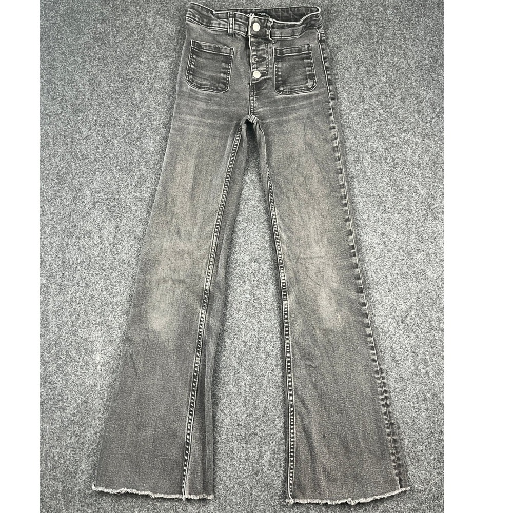 Zara Black Faded High Waisted Flare Jeans Button Fly Patch Pockets Size 2 - Picture 1 of 9